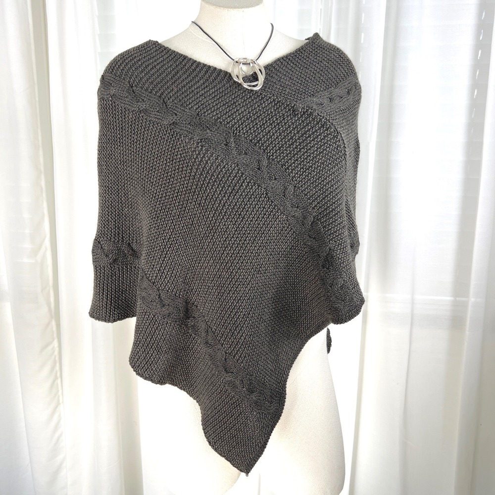 Y2K‎ Women Brown Wool Blend Cable Knit Asymmetrical Poncho Cape  One Size